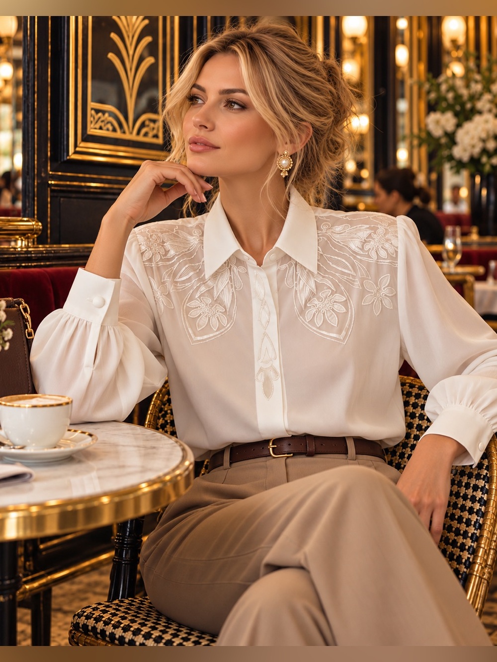 Women's White Embroidered Button-Down Shirt
